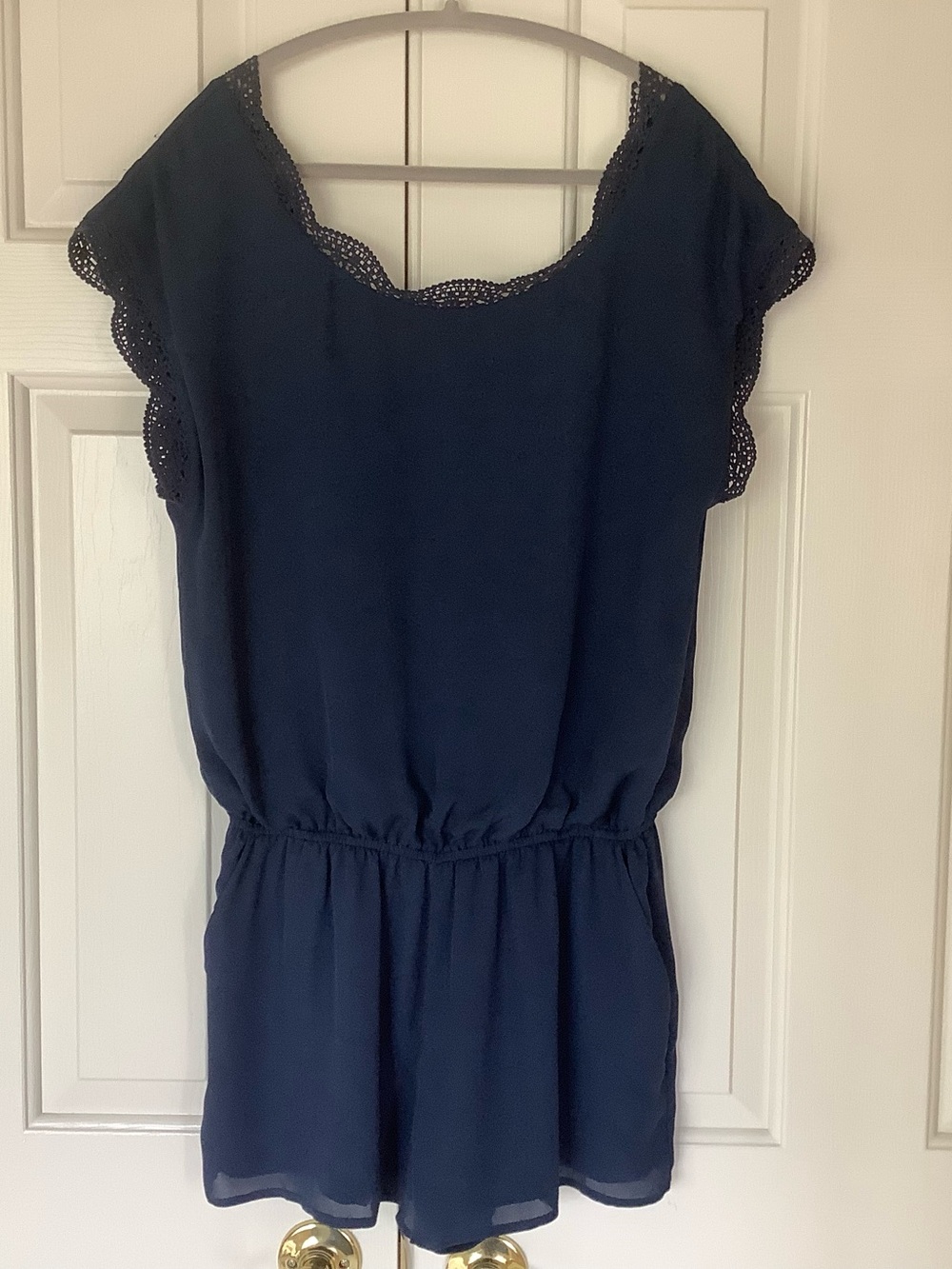 Joie  Silk Navy Blue Crochet Trim Sleeveless Romper